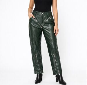 Manière De Voir Green Faux Leather Moto Pants Zip Leg High Waist US 10 NWT